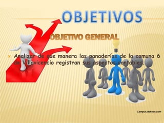    Analizar de que manera las panaderías de la comuna 6
    de Villavicencio registran sus aspectos contables.




                                               Campus.dokeos.com
 