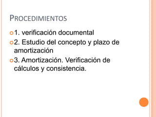 PROCEDIMIENTOS
1. verificación documental
2. Estudio del concepto y plazo de
amortización
3. Amortización. Verificación de
cálculos y consistencia.
 