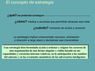 El concepto de estrategia 
¿qué? se pretende conseguir 
¿cómo? medios o acciones que permitirán alcanzar esa meta 
¿cuándo? momento de acción y duración 
La estrategia implica comprometer recursos, orientación 
o dirección a largo plazo y decisiones casi irreversibles 
Una estrategia bien formulada ayuda a ordenar y asignar los recursos de 
Una estrategia bien formulada ayuda a ordenar y asignar los recursos de 
una organización de una forma singular y viable basada en sus 
una organización de una forma singular y viable basada en sus 
capacidades y carencias internas relativas, en la anticipación a los cambios 
del entorno y en las eventuales maniobras de los adversarios inteligentes 
capacidades y carencias internas relativas, en la anticipación a los cambios 
del entorno y en las eventuales maniobras de los adversarios inteligentes 
 