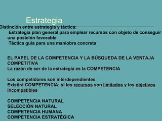 Estrategia 
Distinción entre estrategia y táctica: 
Estrategia plan general para emplear recursos con objeto de conseguir 
una posición favorable 
Táctica guía para una maniobra concreta 
EL PAPEL DE LA COMPETENCIA Y LA BÚSQUEDA DDEE LLAA VVEENNTTAAJJAA 
CCOOMMPPEETTIITTIIVVAA 
LLaa rraazzóónn ddee sseerr ddee llaa eessttrraatteeggiiaa eess llaa CCOOMMPPEETTEENNCCIIAA 
LLooss ccoommppeettiiddoorreess ssoonn iinntteerrddeeppeennddiieenntteess 
EExxiissttiirráá CCOOMMPPEETTEENNCCIIAA:: ssii llooss rreeccuurrssooss ssoonn lliimmiittaaddooss yy llooss oobbjjeettiivvooss 
iinnccoommppaattiibblleess 
COMPETENCIA NATURAL 
SELECCIÓN NATURAL 
COMPETENCIA HUMANA 
COMPETENCIA ESTRATÉGICA 
 