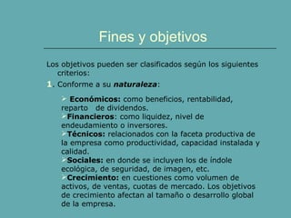 Fines y objetivos 
Los objetivos pueden ser clasificados según los siguientes 
criterios: 
1. Conforme a su naturaleza: 
 Económicos: como beneficios, rentabilidad, 
reparto de dividendos. 
Financieros: como liquidez, nivel de 
endeudamiento o inversores. 
Técnicos: relacionados con la faceta productiva de 
la empresa como productividad, capacidad instalada y 
calidad. 
Sociales: en donde se incluyen los de índole 
ecológica, de seguridad, de imagen, etc. 
Crecimiento: en cuestiones como volumen de 
activos, de ventas, cuotas de mercado. Los objetivos 
de crecimiento afectan al tamaño o desarrollo global 
de la empresa. 
 