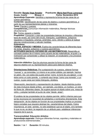 Escuela: Renato Vega Amador Practicante: María Itzel Picos Lamarque 
Grado: Cuarto Bloque: 2 Fecha: Noviembre 2014 
Aprendizaje Esperado: Identifica y representa la forma de las caras de un 
cuerpo geométrico. 
Contenido: Identificación de las caras de objetos y cuerpos geométricos, a 
partir de sus representaciones planas y viceversa. 
Tema: Figuras y cuerpos. 
Competencias: Comunicar información matemática, Manejar técnicas 
eficientemente 
Eje: Forma, espacio y medida 
Propósitos: Conozcan y usen las propiedades básicas de ángulos y diferentes 
tipos de rectas, así como del círculo, triángulos, cuadriláteros, polígonos 
regulares e irregulares, prismas, pirámides, cono, cilindro y esfera al realizar 
algunas construcciones y calcular medidas. 
Estándares: 
FORMA, ESPACIO Y MEDIDA: Explica las características de diferentes tipos 
de rectas, ángulos, polígonos y cuerpos geométricos. 
ACTITUDES HACIA EL ESTUDIO DE LAS MATEMÁTICAS: Desarrolla un 
concepto positivo de sí mismo como usuario de las matemáticas, el gusto y la 
inclinación por comprender y utilizar la notación, el vocabulario y los procesos 
matemáticos. 
Intención didáctica: Que los alumnos asocien la forma de las caras de 
algunos objetos con su representación plana para elaborar diseños. 
Orientaciones Didácticas: Por yuxtaposición de cuerpos, obtener formas 
“nuevas” o ya conocidas. Lo mismo si se cortan sólidos, por ejemplo hechos 
en jabón. Así, con estos dos puedo armar “como la torre de una iglesia”, o con 
éstos armo un cubo grande, o cortando aquí tengo “como una moneda”, o un 
cuerpo cuyas caras son todos triángulos, etcétera. 
Observación, descripción y representación de objetos desde distintos puntos 
de vista (inclusive desde arriba), por ejemplo, una tetera, un muñeco, un ramo 
de flores de diferentes clases. Se sugiere apoyar el objeto sobre una mesa de 
vidrio, y adoptar también el punto de vista “desde abajo”. 
El análisis de las propiedades de los objetos permite definir criterios para que 
se les reconozca sin necesidad de señalarlos o nombrarlos directamente. Esta 
designación de los objetos en función de sus propiedades implica un proceso 
lógico complejo que requiere abstraer las características del objeto. Cobra 
importancia, en este sentido, no sólo establecer qué es el objeto, sino también 
lo que no es, es decir, la negación de un atributo para establecer inferencias 
respecto de lo que es. 
Transversalidad: Educación Artística 
Aprendizaje esperado: Distingue diferentes formas, soportes y materiales en 
producciones bidimensionales. 
Sesión: 1 de 1 Duración: 60 minutos. 
 