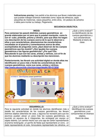 Indicaciones previas: Les pediré a los alumnos que lleven materiales para 
que puedan trabajar Diversos materiales como: tapas de refrescos, cajas 
pequeñas de medicinas, vasos pequeños, entre otros, Un pedazo de cartulina 
o tabla para montar su trabajo, Pegamento. 
SECUENCIA DIDÁCTICA 
INICIO: 
Para comenzar les pasaré distintos cuerpos geométricos en 
grande elaborados por mí para que lo puedan manipular, como lo 
son el cubo, pirámide, prisma y cilindro, para que ellos me hagan 
una descripción de los cuerpos acerca de lo que le observan a 
ellos y sus características, plasmaremos las características 
rescatadas en el pizarrón y comentaremos acerca de ellas, 
acompañados de preguntas como ¿Qué observan de los cuerpos 
geométricos que les mostré? ¿Son iguales los cuerpos 
geométricos a las figuras geométricas? ¿Por qué? Etc. 
Rescatando lo que son las caras, aristas y vértices, con el fin de 
que los alumnos mediante su descripción los mencionen. 
Posteriormente, les llevaré una actividad digital en donde ellos me 
identificarán un poco más a fondo las características de los 
cuerpos geométricos, como sus caras, aristas y vértices. 
http://www.educarchile.cl/ech/pro/app/detalle?ID=213056 
¿Qué y cómo evaluar? 
La identificación de los 
cuerpos geométricos y 
sus características. 
Mediante el diario de 
clase. 
DESARROLLO: 
Para la siguiente actividad en donde los alumnos identificaran más a 
detalle las características de los cuerpos geométricos, les llevare 
distintos objetos obtenidos de casa, y algunos los recrearé para que los 
alumnos puedan ubicar un poco más los cuerpos geométricos, se 
reunirán en equipos de 4 integrantes, les entregaré por equipo un 
objeto distinto, (un camión hecho con una caja de cartón representando 
al prisma rectangular, un gorrito de fiesta que representará un cono, un 
dado representando el cubo, binoculares representado los cilindros, un 
¿Qué y cómo evaluar? 
Identifiquen los cuerpos 
geométricos y sus 
componentes en diversos 
objetos. 
Diario de clase. 
 