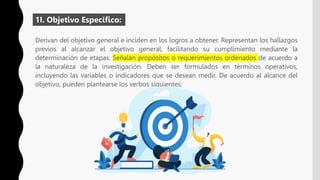 Derivan del objetivo general e inciden en los logros a obtener. Representan los hallazgos
previos al alcanzar el objetivo general, facilitando su cumplimiento mediante la
determinación de etapas. Señalan propósitos o requerimientos ordenados de acuerdo a
la naturaleza de la investigación. Deben ser formulados en términos operativos,
incluyendo las variables o indicadores que se desean medir. De acuerdo al alcance del
objetivo, pueden plantearse los verbos siguientes:
1I. Objetivo Específico:
 