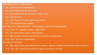 RESIDENTES EN EL EXTRANJERO:
• Art. 153 precios de transferencia.
• Art. 160 enajenación de inmuebles.
• Art. 161 enajenación de acciones o títulos valor.
• Art. 166 intereses.
• Art. 172, fracción III otros ingresos gravables.
• Art. 174 representantes legales.
REFIPRES, MULTINACIONALES Y OPERACIONES PARTES RELACIONADAS:
• Arts. 176 y 177 ingresos sujetos a REFIPRES.
• Art. 179 operaciones partes relacionadas.
• Art. 180 métodos precios operaciones con partes relacionadas.
• Arts. 182 y 183 Bis maquiladoras.
ESTIMULOS FISCALES:
• Art. 185 instituciones que administran cuentas, seguros o fondos de inversión para el ahorro.
• Arts. 196 a 201 opción acumulación ingresos personas morales.
 