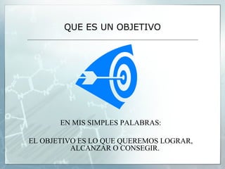 QUE ES UN OBJETIVO




       EN MIS SIMPLES PALABRAS:

EL OBJETIVO ES LO QUE QUEREMOS LOGRAR,
          ALCANZAR O CONSEGIR.
 