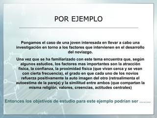 POR EJEMPLO


        Pongamos el caso de una joven interesada en llevar a cabo una
     investigación en torno a los factores que intervienen en el desarrollo
                                 del noviazgo.
     Una vez que se ha familiarizado con este tema encuentra que, según
        algunos estudios, los factores mas importantes son la atracción
      física, la confianza, la proximidad física (que vivan cerca y se vean
         con cierta frecuencia), el grado en que cada uno de los novios
        refuerza positivamente la auto imagen del otro (retroalimenta el
     autoestima de la pareja) y la similitud entre ambos (que compartan la
            misma religión, valores, creencias, actitudes centrales)


Entonces los objetivos de estudio para este ejemplo podrían ser ……..
 