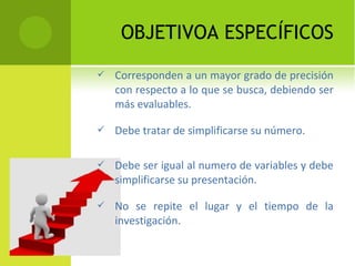 OBJETIVOA ESPECÍFICOS
 Corresponden a un mayor grado de precisión
con respecto a lo que se busca, debiendo ser
más evaluables.
 Debe tratar de simplificarse su número.
 Debe ser igual al numero de variables y debe
simplificarse su presentación.
 No se repite el lugar y el tiempo de la
investigación.
 