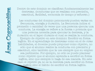 Dentro de este dominio se clasifican fundamentalmente las destrezas. (conductas que se realizan con precisión, exactitud, facilidad, economía de tiempo y esfuerzo.) Las conductas del dominio psicomotriz pueden varias en frecuencia, energía y duración. La frecuencia indica el promedio o cantidad de veces que una persona ejecuta una conducta. La energía se refiere a la fuerza o potencia que una persona necesita para ejecutar la destreza, y la duración en el lapso durante el cual se realiza la conducta. Ejemplo de objetivo en este dominio: Escribir en forma legible. En el aprendizaje de destrezas como en el de otras habilidades, el docente puede proponer como objetivo, no sólo que el alumno realice la conducta con precisión y exactitud, sino también que la use siempre que su empleo sea pertinente. Por ejemplo, no sólo se puede plantear como objetivo que el alumno aprenda a escribir en forma legible, sino que siempre lo haga de esa manera. En este caso el objetivo ya no es la destreza para escribir en forma legible sino el hábito de escribir en forma legible.  
