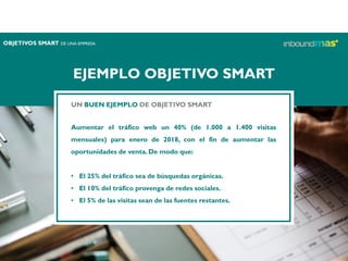 EJEMPLO OBJETIVO SMART
UN BUEN EJEMPLO DE OBJETIVO SMART
Aumentar el tráfico web un 40% (de 1.000 a 1.400 visitas
mensuales) para enero de 2018, con el fin de aumentar las
oportunidades de venta.De modo que:
• El 25% del tráfico sea de búsquedas orgánicas.
• El 10% del tráfico provenga de redes sociales.
• El 5% de las visitas sean de las fuentes restantes.
OBJETIVOS SMART DE UNA EMPRESA
 