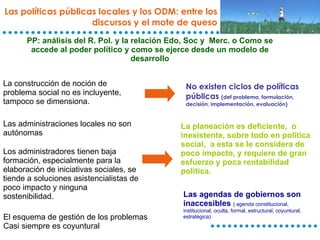 Las políticas públicas locales y los ODM: entre los discursos y el mote de queso No existen ciclos de políticas públicas  (def problema, formulación, decisión, implementación, evaluación) La construcción de noción de problema social no es incluyente, tampoco se dimensiona. Las administraciones locales no son autónomas Los administradores tienen baja formación, especialmente para la elaboración de iniciativas sociales, se tiende a soluciones asistencialistas de poco impacto y ninguna sostenibilidad. El esquema de gestión de los problemas Casi siempre es coyuntural La planeación es deficiente,  o inexistente, sobre todo en política social,  a esta se le considera de poco impacto, y requiere de gran esfuerzo y poca rentabilidad política. Las agendas de gobiernos son inaccesibles   ( agenda constitucional, institucional, oculta, formal, estructural, coyuntural, estratégica) PP: análisis del R. Pol. y la relación Edo, Soc y  Merc. o Como se accede al poder político y como se ejerce desde un modelo de desarrollo 