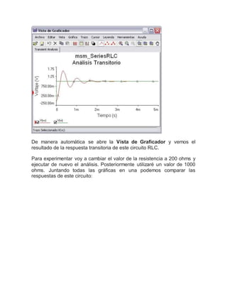 De manera automática se abre la Vista de Graficador y vemos el
resultado de la respuesta transitoria de este circuito RLC.
Para experimentar voy a cambiar el valor de la resistencia a 200 ohms y
ejecutar de nuevo el análisis. Posteriormente utilizaré un valor de 1000
ohms. Juntando todas las gráficas en una podemos comparar las
respuestas de este circuito:
 