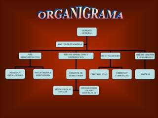 GERENTE
GENERAL
JEFE
ADMINISTRATIVO
ASISTENTE/TESORERIA
JEFE DE MARKETING Y
DISTRIBUCION
JEFE FINANCIERO
NOMINA Y
OPERACIONES
INVENTARIOS Y
MERCADERIA
GERENTE DE
TERRITORIOS
CONTABILIDAD
CREDITO Y
COBRANZAS
JEFE DE DISEÑOS
Y DESARROLLO
COMPRAS
VENDEDORES AL
DETALLE
DISTRIBUIDORES
LOCALES
COMERCAILES
 