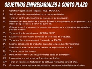 I. Constituir legalmente la empresa MULTIMODA S.A.
II. Salir al mercado a comercializar los productos en 60 días.
III. Tener un centro administrativo, de negocios y de distribución.
IV. Mantener una facturación de al menos $15000 al mes promedio en los primeros 2 a 3
meses de operaciones, a partir del punto 10.
V. Obtener todos los recursos e insumos necesarios para el correcto funcionamiento
para los 3 meses.
VI. Tener centro de exposiciones y DESIGN SHOP.
VII. Establecer un crecimiento sostenido en las líneas de productos.
VIII. Tener una facturación mensual / promedio de $30,000.
IX. Exponer colecciones de productos según las temporadas internacionales.
X. Incentivar la apertura de nuevos centros de exposiciones en 1 año.
XI. Tener al menos dos locales.
XII. Para 20 meses tener una imagen y marca sólida en el mercado.
XIII. Implementar una estrategia de franquicias en 2 años.
XIV. Tener un volumen de facturación de $310,000 mensuales para 2.5 años.
XV. Comenzar la estrategia de exportaciones y nuevo plan estratégico para 3 años.
 