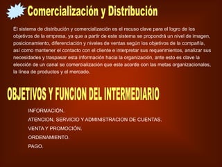 El sistema de distribución y comercialización es el recuso clave para el logro de los
objetivos de la empresa, ya que a partir de este sistema se propondrá un nivel de imagen,
posicionamiento, diferenciación y niveles de ventas según los objetivos de la compañía,
así como mantener el contacto con el cliente e interpretar sus requerimientos, analizar sus
necesidades y traspasar esta información hacia la organización, ante esto es clave la
elección de un canal se comercialización que este acorde con las metas organizacionales,
la línea de productos y el mercado.
INFORMACIÓN.
ATENCION, SERVICIO Y ADMINISTRACION DE CUENTAS.
VENTA Y PROMOCIÓN.
ORDENAMIENTO.
PAGO.
 