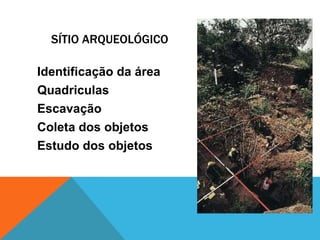 SÍTIO ARQUEOLÓGICO

Identificação da área
Quadriculas
Escavação
Coleta dos objetos
Estudo dos objetos
 
