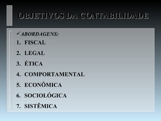 OBJETIVOS DA CONTABILIDADE

ABORDAGENS:
1. FISCAL
2. LEGAL
3. ÉTICA
4. COMPORTAMENTAL
5. ECONÔMICA
6. SOCIOLÓGICA
7. SISTÊMICA
 