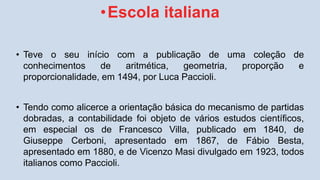 •Escola italiana
• Teve o seu início com a publicação de uma coleção de
conhecimentos de aritmética, geometria, proporção e
proporcionalidade, em 1494, por Luca Paccioli.
• Tendo como alicerce a orientação básica do mecanismo de partidas
dobradas, a contabilidade foi objeto de vários estudos científicos,
em especial os de Francesco Villa, publicado em 1840, de
Giuseppe Cerboni, apresentado em 1867, de Fábio Besta,
apresentado em 1880, e de Vicenzo Masi divulgado em 1923, todos
italianos como Paccioli.
 