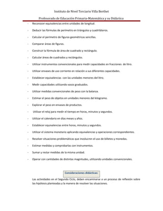 Instituto de Nivel Terciario Villa Berthet
Profesorado de Educación Primaria-Matemática y su Didáctica
- Reconocer equivalencias entre unidades de longitud.
- Deducir las fórmulas de perímetro en triángulos y cuadriláteros.
- Calcular el perímetro de figuras geométricas sencillas.
- Comparar áreas de figuras.
- Construir la fórmula de área de cuadrado y rectángulo.
- Calcular áreas de cuadrados y rectángulos.
- Utilizar instrumentos convencionales para medir capacidades en fracciones de litro.
- Utilizar envases de uso corriente en relación a sus diferentes capacidades.
- Establecer equivalencias con las unidades menores del litro.
- Medir capacidades utilizando vasos graduados.
- Utilizar medidas convencionales de peso con la balanza.
- Estimar el peso de objetos en unidades menores del kilogramo.
- Explorar el peso en envases de productos.
- Utilizar el reloj para medir el tiempo en horas, minutos y segundos.
- Utilizar el calendario en días meses y años.
- Establecer equivalencias entre horas, minutos y segundos.
- Utilizar el sistema monetario aplicando equivalencias y operaciones correspondientes.
- Resolver situaciones problemáticas que involucren el uso de billetes y monedas.
- Estimar medidas y comprobarlas con instrumentos.
- Sumar y restar medidas de la misma unidad.
- Operar con cantidades de distintas magnitudes, utilizando unidades convencionales.
Consideraciones didácticas:
Las actividades en el Segundo Ciclo, deben encaminarse a un proceso de reflexión sobre
las hipótesis planteadas y la manera de resolver las situaciones.
 