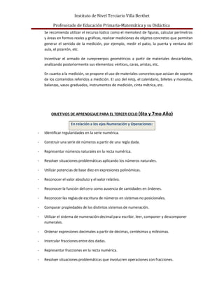 Instituto de Nivel Terciario Villa Berthet
Profesorado de Educación Primaria-Matemática y su Didáctica
Se recomienda utilizar el recurso lúdico como el memotest de figuras, calcular perímetros
y áreas en formas reales y gráficas, realizar mediciones de objetos concretos que permitan
generar el sentido de la medición, por ejemplo, medir el patio, la puerta y ventana del
aula, el pizarrón, etc.
Incentivar el armado de curepreerpos geométricos a partir de materiales descartables,
analizando posteriormente sus elementos: vértices, caras, aristas, etc.
En cuanto a la medición, se propone el uso de materiales concretos que actúan de soporte
de los contenidos referidos a medición. El uso del reloj, el calendario, billetes y monedas,
balanzas, vasos graduados, instrumentos de medición, cinta métrica, etc.
OBJETIVOS DE APRENDIZAJE PARA EL TERCER CICLO (6to y 7mo Año)
En relación a los ejes Numeración y Operaciones:
- Identificar regularidades en la serie numérica.
- Construir una serie de números a partir de una regla dada.
- Representar números naturales en la recta numérica.
- Resolver situaciones problemáticas aplicando los números naturales.
- Utilizar potencias de base diez en expresiones polinómicas.
- Reconocer el valor absoluto y el valor relativo.
- Reconocer la función del cero como ausencia de cantidades en órdenes.
- Reconocer las reglas de escritura de números en sistemas no posicionales.
- Comparar propiedades de los distintos sistemas de numeración.
- Utilizar el sistema de numeración decimal para escribir, leer, componer y descomponer
numerales.
- Ordenar expresiones decimales a partir de décimas, centésimas y milésimas.
- Intercalar fracciones entre dos dadas.
- Representar fracciones en la recta numérica.
- Resolver situaciones problemáticas que involucren operaciones con fracciones.
 