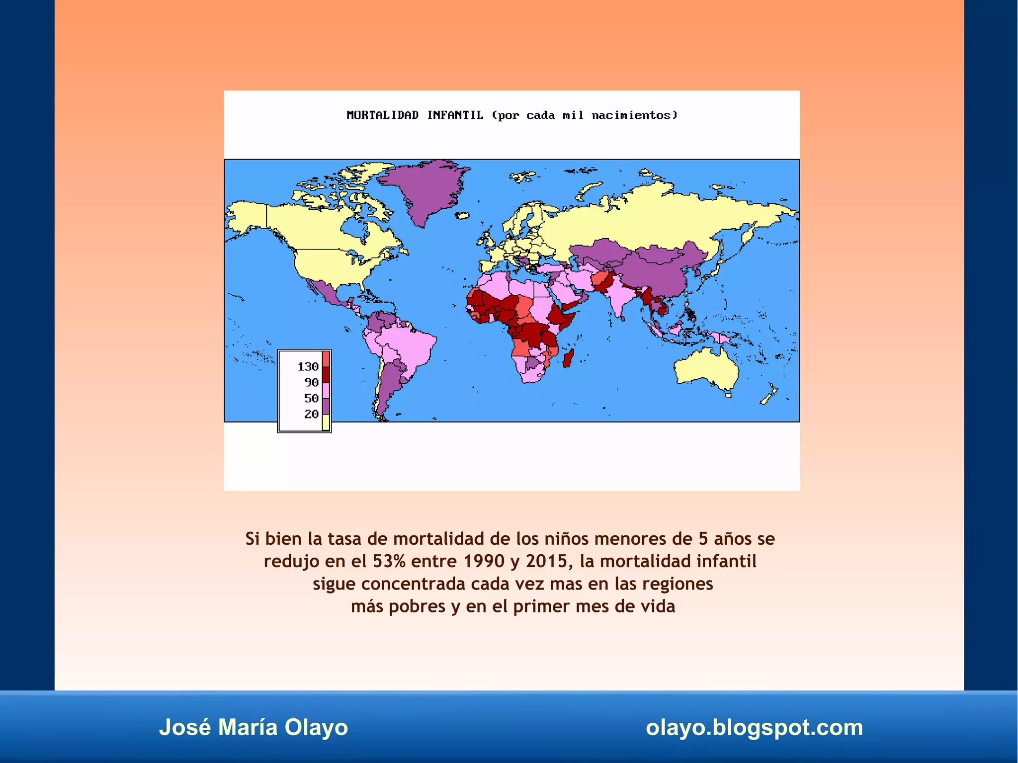 José María Olayo olayo.blogspot.com
Si bien la tasa de mortalidad de los niños menores de 5 años se
redujo en el 53% entre 1990 y 2015, la mortalidad infantil
sigue concentrada cada vez mas en las regiones
más pobres y en el primer mes de vida
 