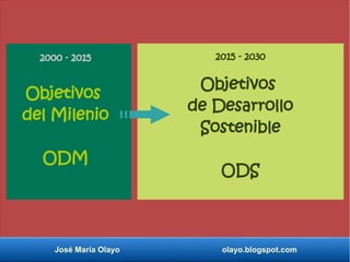 José María Olayo olayo.blogspot.com
Objetivos
del Milenio
ODM
Objetivos
de Desarrollo
Sostenible
ODS
2000 - 2015 2015 - 2030
 