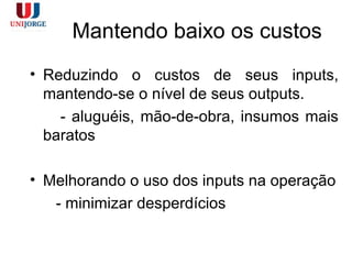 Mantendo baixo os custos
• Reduzindo o custos de seus inputs,
mantendo-se o nível de seus outputs.
- aluguéis, mão-de-obra, insumos mais
baratos
• Melhorando o uso dos inputs na operação
- minimizar desperdícios
 