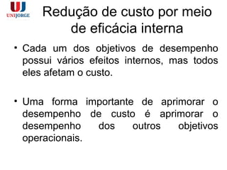 Redução de custo por meio
de eficácia interna
• Cada um dos objetivos de desempenho
possui vários efeitos internos, mas todos
eles afetam o custo.
• Uma forma importante de aprimorar o
desempenho de custo é aprimorar o
desempenho dos outros objetivos
operacionais.
 