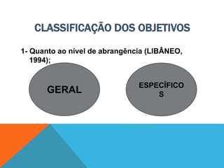 CLASSIFICAÇÃO DOS OBJETIVOS
1- Quanto ao nível de abrangência (LIBÂNEO,
1994);
GERAL
ESPECÍFICO
S
 