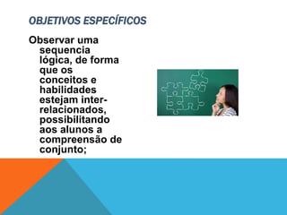 Observar uma
sequencia
lógica, de forma
que os
conceitos e
habilidades
estejam inter-
relacionados,
possibilitando
aos alunos a
compreensão de
conjunto;
OBJETIVOS ESPECÍFICOS
 