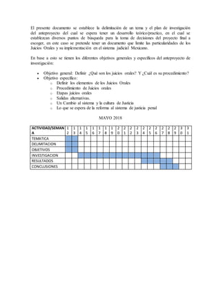 El presente documento se establece la delimitación de un tema y el plan de investigación
del anteproyecto del cual se espera tener un desarrollo teórico/practico, en el cual se
establezcan diversos puntos de búsqueda para la toma de decisiones del proyecto final a
escoger, en este caso se pretende tener un documento que limite las particularidades de los
Juicios Orales y su implementación en el sistema judicial Mexicano.
En base a esto se tienen los diferentes objetivos generales y específicos del anteproyecto de
investigación:
 Objetivo general: Definir ¿Qué son los juicios orales? Y ¿Cuál es su procedimiento?
 Objetivo específico:
o Definir los elementos de los Juicios Orales
o Procedimiento de Juicios orales
o Etapas juicios orales
o Salidas alternativas.
o Un Cambio al sistema y la cultura de Justicia
o Lo que se espera de la reforma al sistema de justicia penal
MAYO 2018
ACTIVIDAD/SEMAN
A
1
2
1
3
1
4
1
5
1
6
1
7
1
8
1
9
2
0
2
1
2
2
2
3
2
4
2
5
2
6
2
7
2
8
2
9
3
0
3
1
TEMATICA
DELIMITACION
OBJETIVOS
INVESTIGACION
RESULTADOS
CONCLUSIONES
 