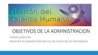 OBJETIVOS DE LA ADMINISTRACION
TERCER SEMESTRE
MAESTRIA DE ADMINISTRACIÓN EN LOS SERVICIOS DE ENFERMERIA
 
