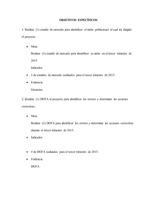 OBJETIVOS ESPECÍFICOS
1. Realizar (1) estudio de mercado para identificar el nicho poblacional al cual irá dirigido
el proyecto.
 Meta.
Realizar (1) estudio de mercado para identificar su nicho en el tercer trimestre de
2015
Indicador.
 # de estudios de mercado realizados para el tercer trimestre de 2015.
 Evidencia:
Encuestas
2. Realizar (1) DOFA al proyecto para identificar los errores y determinar las acciones
correctivas.
 Meta
Realizar (1) DOFA para identificar los errores y determinar las acciones correctivas
durante el tercer trimestre de 2015.
 Indicador.
 # de DOFA realizados para el tercer trimestre de 2015.
 Evidencia.
DOFA
 