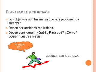 PLANTEAR LOS OBJETIVOS
 Los objetivos son las metas que nos proponemos
  alcanzar.
 Deben ser acciones realizables.

 Deben considerar: ¿Qué? ¿Para qué? ¿Cómo?
  Lograr nuestras metas:

     MI META
       ES..


                          CONOCER SOBRE EL TEMA..
 