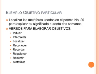 EJEMPLO OBJETIVO PARTICULAR
 Localizar las metáforas usadas en el poema No. 20
  para explicar su significado durante dos semanas.
 VERBOS PARA ELABORAR OBJETIVOS:
       Inducir
       Interpretar
       Localizar
       Reconocer
       Recordar
       Relacionar
       Resumir
       Sintetizar
 