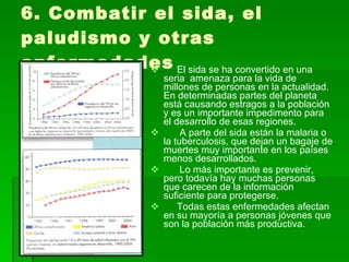 6. Combatir el sida, el paludismo y otras enfermedades El sida se ha convertido en una seria  amenaza para la vida de millones de personas en la actualidad. En determinadas partes del planeta está causando estragos a la población y es un importante impedimento para el desarrollo de esas regiones. A parte del sida están la malaria o la tuberculosis, que dejan un bagaje de muertes muy importante en los países menos desarrollados. Lo más importante es prevenir, pero todavía hay muchas personas que carecen de la información suficiente para protegerse. Todas estas enfermedades afectan en su mayoría a personas jóvenes que son la población más productiva. 