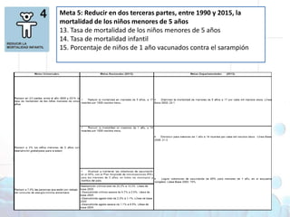 Meta 5: Reducir en dos terceras partes, entre 1990 y 2015, la mortalidad de los niños menores de 5 años13. Tasa de mortalidad de los niños menores de 5 años14. Tasa de mortalidad infantil15. Porcentaje de niños de 1 año vacunados contra el sarampiónObjetivos deDesarrollo del Milenio1. Erradicar la pobreza extrema y el hambre 2. Lograr la enseñanza primaria universal 3. Promover la igualdad entre géneros y la autonomía de la mujer4. Reducir la mortalidad infantil5. Mejorar la salud materna6. Combatir el VIH/SIDA, la malaria y otras enfermedades 7. Garantizar la sostenibilidad del medio ambiente 8. Fomentar una asociación mundial para el desarrollo