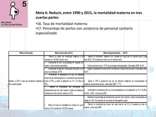 Objetivos deDesarrollo del Milenio1. Erradicar la pobreza extrema y el hambre 2. Lograr la enseñanza primaria universal 3. Promover la igualdad entre géneros y la autonomía de la mujer4. Reducir la mortalidad infantil5. Mejorar la salud materna6. Combatir el VIH/SIDA, la malaria y otras enfermedades 7. Garantizar la sostenibilidad del medio ambiente 8. Fomentar una asociación mundial para el desarrollo