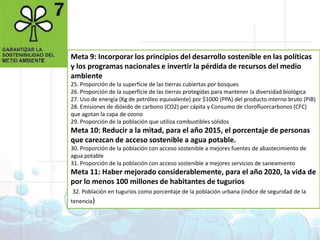 Objetivos deDesarrollo del MilenioMeta 9: Incorporar los principios del desarrollo sostenible en las políticas y los programas nacionales e invertir la pérdida de recursos del medio ambiente 25. Proporción de la superficie de las tierras cubiertas por bosques 26. Proporción de la superficie de las tierras protegidas para mantener la diversidad biológica 27. Uso de energía (Kg de petróleo equivalente) por $1000 (PPA) del producto interno bruto (PIB) 28. Emisiones de dióxido de carbono (CO2) per cápita y Consumo de clorofluorcarbonos (CFC) que agotan la capa de ozono 29. Proporción de la población que utiliza combustibles sólidosMeta 10: Reducir a la mitad, para el año 2015, el porcentaje de personas que carezcan de acceso sostenible a agua potable. 30. Proporción de la población con acceso sostenible a mejores fuentes de abastecimiento de agua potable 31. Proporción de la población con acceso sostenible a mejores servicios de saneamiento Meta 11: Haber mejorado considerablemente, para el año 2020, la vida de por lo menos 100 millones de habitantes de tugurios32. Población en tugurios como porcentaje de la población urbana (índice de seguridad de la tenencia) 1. Erradicar la pobreza extrema y el hambre 2. Lograr la enseñanza primaria universal 3. Promover la igualdad entre géneros y la autonomía de la mujer4. Reducir la mortalidad infantil5. Mejorar la salud materna6. Combatir el VIH/SIDA, la malaria y otras enfermedades 7. Garantizar la sostenibilidad del medio ambiente 8. Fomentar una asociación mundial para el desarrollo