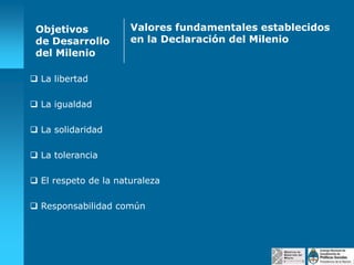 Objetivos
de Desarrollo
del Milenio

Valores fundamentales establecidos
en la Declaración del Milenio

 La libertad
 La igualdad
 La solidaridad
 La tolerancia
 El respeto de la naturaleza

 Responsabilidad común

 