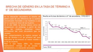 BRECHA DE GÉNERO EN LA TASA DE TÉRMINO A
6° DE SECUNDARIA
En la educación secundaria la brecha de
género pasó de una diferencia de 3,2 puntos
porcentuales favorable a los hombres a una
de 5,3 puntos en favor de las mujeres.
En el año 2005, la brecha estuvo cerca de
desaparecer; sin embargo, a partir de ese
año, las mujeres presentan mayor
culminación del nivel secundario que los
varones.
Este comportamiento se explica porque la
tasa de término a 6º de primaria del sexo
masculino se incrementó en menor medida a
la de las mujeres.
Pese a que hasta 2004, los varones
mantuvieron ventaja en el acceso y
permanencia a la educación secundaria.
 