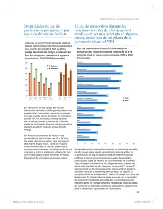 OBJETIVOS DE DESARROLLO DEL MILENIO 2010

Disparidades en uso de
preservativo por género y por
ingresos del núcleo familiar
Jóvenes de entre 15 a 24 años de edad de
países seleccionados de África subsahariana
que usaron preservativo con la última
pareja sexual de alto riesgo, expresado en
función de género, residencia e ingresos
económicos, 2003/2008 (Porcentaje)

Uso de preservativo durante la última relación
sexual de alto riesgo en mujeres jóvenes de 15 a 24
años de edad en países seleccionados, 2000 y 2007
(Porcentaje)
Namibia

60

60

60

50

48

Mujeres
Hombres

50

64
48

40 42

Burkina Faso
54

43

41

64
38

30

El uso de preservativo durante las
relaciones sexuales de alto riesgo está
siendo cada vez más aceptado en algunos
países, siendo uno de los pilares de la
prevención eficaz del VIH

33

Camerún
47

33

33

62
26

24

23

20

25

República de Moldavia
44
60

15
10

Mozambique
29
44

0
20%
Cuarto
más rico 20%

20% Segundo 20%
medio
20% más pobre

Área
rural

Área
urbana

Total

2000
2007

República Dominicana
29
44

En la mayoría de los países en vías de
desarrollo, la mayoría de la gente joven no usa
preservativo durante las relaciones sexuales,
incluso cuando corren el riesgo de infectarse
con el VIH. En promedio, menos del 50%
de hombres jóvenes y menos de la tercera
parte de las mujeres jóvenes usó preservativo
durante su última relación sexual de alto
riesgo.

Kenia
25
40
Nigeria
24
36
Perú
19
34
Haití
19
29

En África subsahariana es mucho más
probable que los hombres de 15 a 24 años
de edad usen preservativo, que las mujeres
del mismo grupo etario. Tanto en mujeres
como en hombres, el uso de preservativo
aumenta enormemente con el aumento de los
ingresos y entre la población urbana. Se han
observado disparidades similares en todos
los países de los cuales se poseen datos.

Etiopía
17
28
0

10

20

30

40

50

60

70

80

Aunque el uso de preservativos durante las relaciones sexuales
de alto riesgo sigue siendo generalmente bajo, la actitud de
la gente joven de algunos países está demostrando que las
políticas e intervenciones correctas pueden dar resultado.
Entre 2000 y 2008, se informó de un incremento de al menos
10 puntos porcentuales en el uso de preservativo durante las
relaciones sexuales de alto riesgo en mujeres de 11 de los 22
países donde las tendencias pueden documentarse, llegando
a niveles del 60% o más en algunos de ellos. Se registró un
aumento similar en hombres en 11 de los 17 países con datos de
tendencias. En última instancia, tales avances son el resultado
de acciones individuales apoyadas por una combinación de
intervenciones de comportamiento, biomédicas y estructurales,
así como de los esfuerzos colectivos del gobierno, organismos
para el desarrollo y la sociedad en su conjunto.
43

MDG Report 2010 Es 20100612 r9.indd Sec1:43

6/15/2010 12:59:14 PM

 