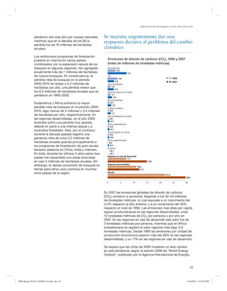 OBJETIVOS DE DESARROLLO DEL MILENIO 2010

perdieron año tras año por causas naturales,
mientras que en la década de los 90 la
pérdida fue de 16 millones de hectáreas
anuales.
Los ambiciosos programas de forestación
puestos en marcha en varios países,
combinados con la expansión natural de los
bosques en algunas regiones, han agregado
anualmente más de 7 millones de hectáreas
de nuevos bosques. En consecuencia, la
pérdida neta de bosques en el período
2000-2010 se redujo a 5,2 millones de
hectáreas por año, una pérdida menor que
los 8,3 millones de hectáreas anuales que se
perdieron en 1990-2000.
Sudamérica y África sufrieron la mayor
pérdida neta de bosques en el período 20002010, algo menos de 4 millones y 3,4 millones
de hectáreas por año, respectivamente. En
las regiones desarrolladas, en el año 2000
Australia sufrió una pérdida muy grande,
debida en parte a una intensa sequía y a
incendios forestales. Asia, por el contrario,
durante la década pasada registró una
ganancia neta de unos 2,2 millones de
hectáreas anuales gracias principalmente a
los programas de forestación de gran escala
llevados adelante en China, India y Vietnam.
En total, durante los últimos 5 años estos tres
países han expandido sus áreas boscosas
en casi 4 millones de hectáreas anuales. Sin
embargo, la rápida conversión de bosques en
tierras para otros usos continúa en muchos
otros países de la región.

Se necesita urgentemente dar una
respuesta decisiva al problema del cambio
climático
Emisiones de dióxido de carbono (CO2), 1990 y 2007
(miles de millones de toneladas métricas)
Asia Oriental
3,0
7,2
CEI

1990
2007

3,8
2,4
Asia meridional
1,0
2,3
América Latina y el Caribe
1,1
1,6
Asia Occidental
0,7
1,3
Sudeste asiático
0,4
1,1
Asia meridional, sin India
0,3
0,7
África subsahariana
0,5
0,7
Asia Oriental, sin China
0,5
0,6
Africa septentrional
0,2
0,5
Oceanía
<0,1
<0,1
Regiones en vías de desarrollo
7,1
14,9
Regiones desarrolladas
10,9
12,1
Mundo
21,9

29,6
0

5

10

15

20

25

30

En 2007 las emisiones globales de dióxido de carbono
(CO2) volvieron a aumentar, llegando a los 30 mil millones
de toneladas métricas, lo cual equivale a un crecimiento del
3,2% respecto al año anterior, y a un incremento del 35%
respecto al nivel de 1990. Las emisiones más altas per cápita
siguen produciéndose en las regiones desarrolladas; unas
12 toneladas métricas de CO2 por persona y por año en
2007. En las regiones en vías de desarrollo ese valor fue de
3 toneladas métricas por persona, mientras que en África
subsahariana se registró el valor regional más bajo: 0,9
toneladas métricas. Desde 1990 las emisiones por unidad de
producción económica cayeron más del 26% en las regiones
desarrolladas, y un 11% en las regiones en vías de desarrollo.
Se espera que las cifras de 2008 muestren un leve cambio
en esta tendencia: según la edición 2009 de “World Energy
Outlook”, publicado por la Agencia Internacional de Energía,

53

MDG Report 2010 Es 20100612 r9.indd Sec1:53

6/15/2010 12:59:26 PM

 