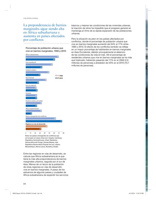 NACIONES UNIDAS

La preponderancia de barrios
marginales sigue siendo alta
en África subsahariana y
aumenta en países afectados
por conflictos
Porcentaje de población urbana que
vive en barrios marginales, 1990 y 2010
África subsahariana
70
62
Asia meridional
57
35

básicos y mejorar las condiciones de las viviendas urbanas,
la inacción de otros ha impedido que el progreso general se
mantenga al ritmo de la rápida expansión de las poblaciones
urbanas.
Pero la situación es peor en los países afectados por
conflictos, donde el porcentaje de población urbana que
vive en barrios marginales aumentó del 64% al 77% entre
1990 y 2010. El efecto de los conflictos también se refleja
en un mayor porcentaje de habitantes en barrios marginales
en Asia Occidental, debido principalmente al deterioro
de las condiciones de vida en Irak. Allí el porcentaje de
residentes urbanos que vive en barrios marginales se ha más
que triplicado, habiendo pasando del 17% en el 2000 (2,9
millones de personas) a alrededor de 53% en el 2010 (10,7
millones de personas).

Sudeste asiático
50
31

1990
2010

Asia Oriental
44
28
Asia Occidental
23
25
Oceanía
24
24
América Latina y el Caribe
34
24
Africa septentrional
34
13
Países emergentes de conflictos
64

77
Regiones en vías de desarrollo
46
33
0

10

20

30

40

50

60

70

80

Nota: los países emergentes de conﬂictos que
se incluyen en estas cifras son: Angola, Camboya,
República Centroafricana, Chad, República
Democrática del Congo, Guinea-Bissau, Irak,
República Democrática Popular de Lao, Líbano,
Mozambique, Sierra Leona, Somalia y Sudán.

Entre las regiones en vías de desarrollo, se
calcula que África subsahariana es la que
tiene la más alta preponderancia de barrios
marginales urbanos, seguida por el sur de
Asia. Menos de un tercio de la población
de otras regiones en vías de desarrollo
vive en barrios marginales. A pesar de los
esfuerzos de algunos países y ciudades de
África subsahariana de expandir los servicios

64

MDG Report 2010 Es 20100612 r9.indd Sec1:64

6/15/2010 12:59:35 PM

 