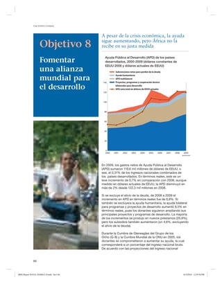 NACIONES UNIDAS

Objetivo 8
Fomentar
una alianza
mundial para
el desarrollo

A pesar de la crisis económica, la ayuda
sigue aumentando, pero África no la
recibe en su justa medida
Ayuda Pública al Desarrollo (APD) de los países
desarrollados, 2000-2009 (dólares constantes de
EEUU 2008 y dólares actuales de EEUU)

140

Subvenciones netas para perdón de la deuda
Ayuda humanitaria
APD multilateral
Proyectos, programas y cooperación técnica
bilaterales para desarrollo
APD neta total en dólares de EEUU actuales

120

100

80

60

40

20

0
2000

2001

2002

2003

2004

2005

2006

2007

2008

2009
(preliminar)

En 2009, los gastos netos de Ayuda Pública al Desarrollo
(APD) sumaron 119,6 mil millones de dólares de EEUU, o
sea, el 0,31% de los ingresos nacionales combinados de
los países desarrollados. En términos reales, este es un
leve incremento de 0,7% en comparación con 2008, aunque
medido en dólares actuales de EEUU, la APD disminuyó en
más de 2% desde 122,3 mil millones en 2008.
Si se excluye el alivio de la deuda, de 2008 a 2009 el
incremento en APD en términos reales fue de 6,8%. Si
también se excluyera la ayuda humanitaria, la ayuda bilateral
para programas y proyectos de desarrollo aumentó 8,5% en
términos reales, pues los donantes siguieron ampliando sus
principales proyectos y programas de desarrollo. La mayoría
de los incrementos se produjo en nuevos préstamos (20,6%),
pero los subsidios también aumentaron (un 4,6%, excluyendo
el alivio de la deuda).
Durante la Cumbre de Gleneagles del Grupo de los
Ocho (G-8) y la Cumbre Mundial de la ONU en 2005, los
donantes se comprometieron a aumentar su ayuda, la cual
corresponderá a un porcentaje del ingreso nacional bruto.
De acuerdo con las proyecciones del ingreso nacional

66

MDG Report 2010 Es 20100612 r9.indd Sec1:66

6/15/2010 12:59:36 PM

 
