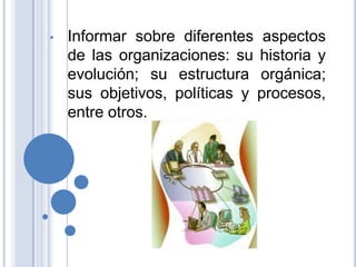•   Informar sobre diferentes aspectos
    de las organizaciones: su historia y
    evolución; su estructura orgánica;
    sus objetivos, políticas y procesos,
    entre otros.
 