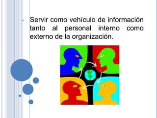 •   Servir como vehículo de información
    tanto al personal interno como
    externo de la organización.
 