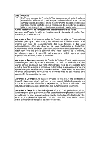 Ano Objetivo
7º No 7ºano, as aulas de Projeto de Vida buscam a construção de valores
essenciais à vida social, como a capacidade de solidarizar-se com as
outras pessoas. Busca-se, ainda, incentivar uma atuação protagonista
diante do mundo e refletir sobre a importância de aprender ao longo da
vida, construir o próprio conhecimento e utilizá-lo no dia a dia.
Como desenvolver as competências socioemocionais no 70 ano
As aulas de Projeto de Vida se baseiam nos 4 pilares da educação: Ser,
Conviver, Conhecer e Fazer:
Aprender a Ser: O conjunto de aulas de Projeto de Vida no 7º ano retoma
reflexões para que o estudante possa desenvolver o conhecimento de si
mesmo por meio do reconhecimento dos seus talentos e das suas
potencialidades, além de observar as suas fragilidades e limitações.
Compreende, ainda, reflexões para a autoavaliação do estudante de modo a
fazer com que ele possa construir uma visão positiva de si mesmo,
reconhecendo como é percebido pelos outros e refletir sobre as suas
experiências pessoais, sociais e familiares.
Aprender a Conviver: As aulas de Projeto de Vida no 7º ano buscam novas
aprendizagens para Aprender a Conviver, por meio da solidariedade dos
alunos com as pessoas a sua volta e também por meio da preocupação com
o outro. Durante as aulas, é importante refletir sobre a atuação no mundo em
que se vive para transformar os contextos sociais. Desse modo, as atividades
visam ao protagonismo do estudante na realidade onde ele está inserido e na
construção do seu projeto de vida.
Aprender a Conhecer: As aulas de Projeto de Vida no 7º ano destacam a
importância do aprendizado ao longo da vida, a possibilidade de aprender em
todos os momentos, situações e experiências, de forma a utilizá-lo como
recurso para aplicação aos problemas que surgem durante o caminho.
Aprender a Fazer: As aulas de Projeto de Vida no 7ºano possibilitam, ainda,
aprendizagens para que os estudantes possam resolver problemas utilizando
a resiliência, ou seja, a capacidade de resistir diante das dificuldades da vida,
de modo a superá-las e aprender com elas. Para isso, é necessário refletir
sobre a importância de resistir às pressões sociais.
 