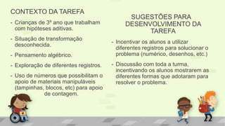 CONTEXTO DA TAREFA 
-Crianças de 3º ano que trabalham com hipóteses aditivas. 
-Situação de transformação desconhecida. 
-Pensamento algébrico. 
-Exploração de diferentes registros. 
-Uso de números que possibilitam o apoio de materiais manipuláveis (tampinhas, blocos, etc) para apoio de contagem. 
SUGESTÕES PARA DESENVOLVIMENTO DA TAREFA 
-Incentivar os alunos a utilizar diferentes registros para solucionar o problema (numérico, desenhos, etc.) 
-Discussão com toda a turma, incentivando os alunos mostrarem as diferentes formas que adotaram para resolver o problema.  