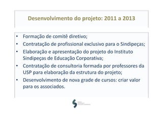 Desenvolvimento do projeto: 2011 a 2013
• Formação de comitê diretivo;
• Contratação de profissional exclusivo para o Sindipeças;
• Elaboração e apresentação do projeto do Instituto 
Sindipeças de Educação Corporativa;
• Contratação de consultoria formada por professores da 
USP para elaboração da estrutura do projeto;
• Desenvolvimento de nova grade de cursos: criar valor 
para os associados.
 